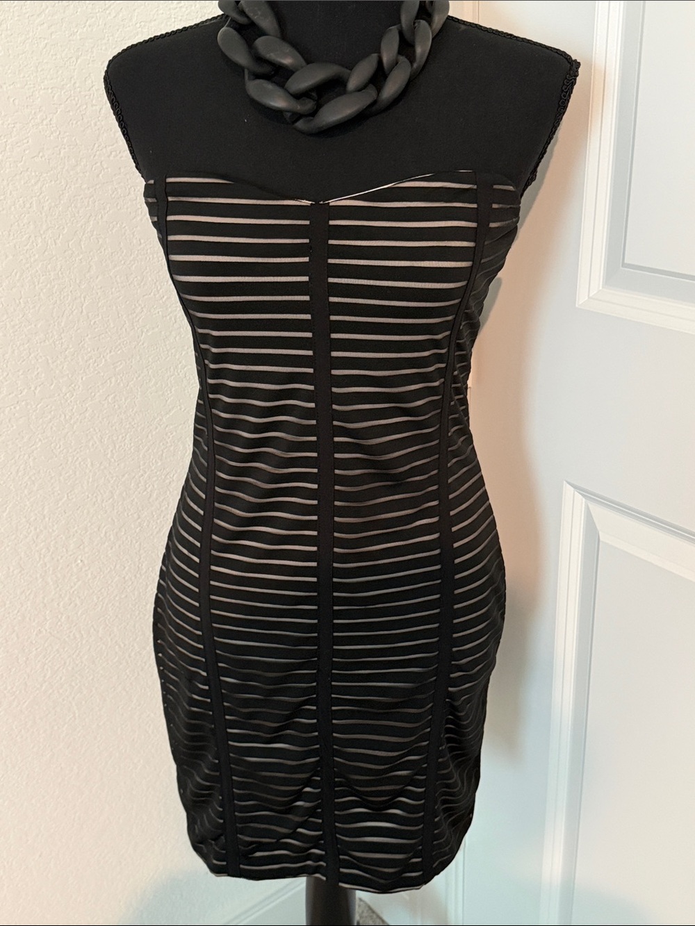 Strapless Black & Taupe Striped Bodycon Dress